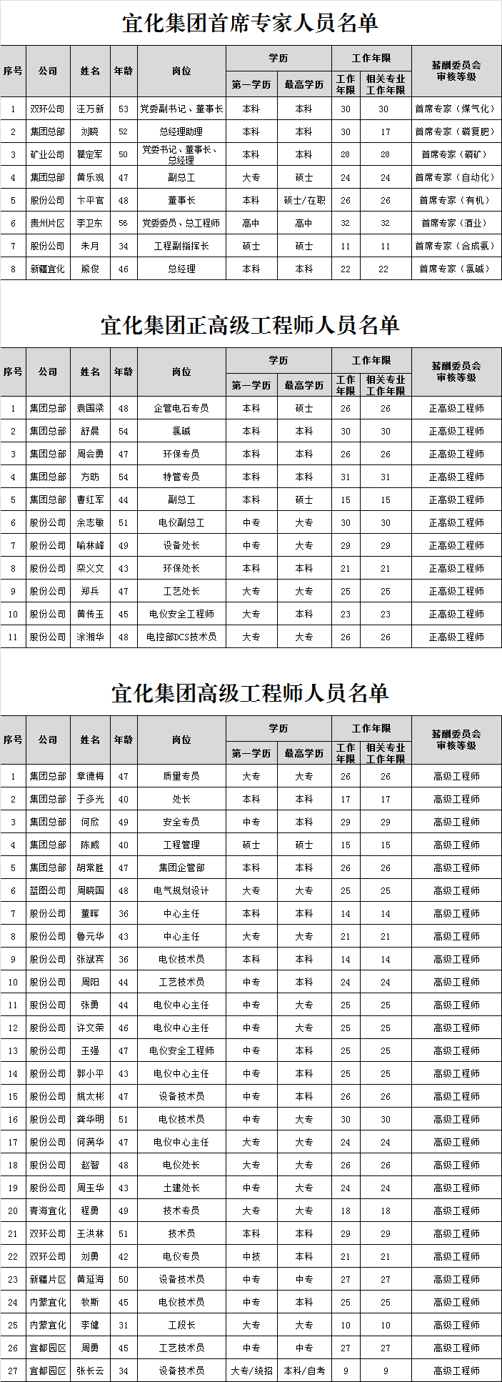 宜化集團首席專家、正高級工程師、高級工程師評審結果公示